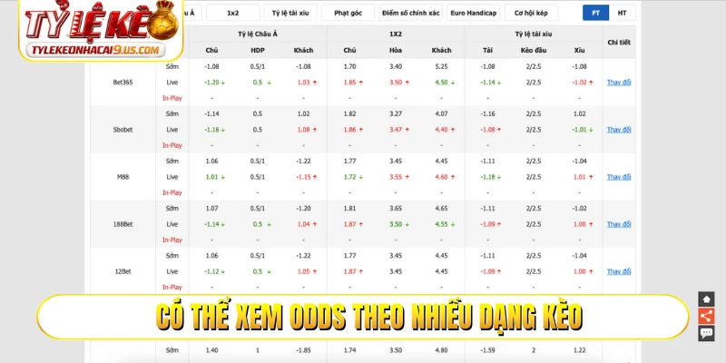 Có thể xem odds theo nhiều dạng kèo
